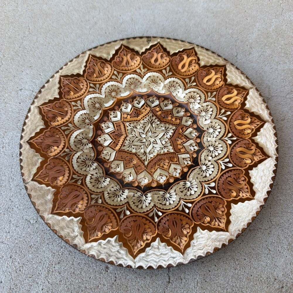 Vintage Turkish Copper Engraved Etched Round Wall Plate Decorative Hanging Decor